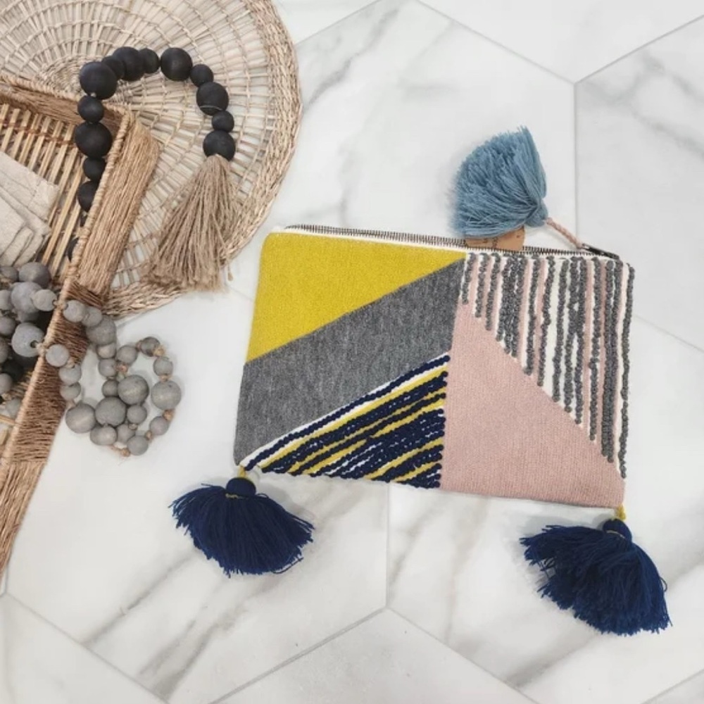 SUPER CUTE BOHO HAND BAG/ POUCH WITH ZIPPER & POM POMS